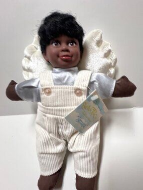 BLACK ANGEL BOY DOLL * REALISTIC HAIR * WHITE CORDUROY OVERALLS * VELVETY WINGS